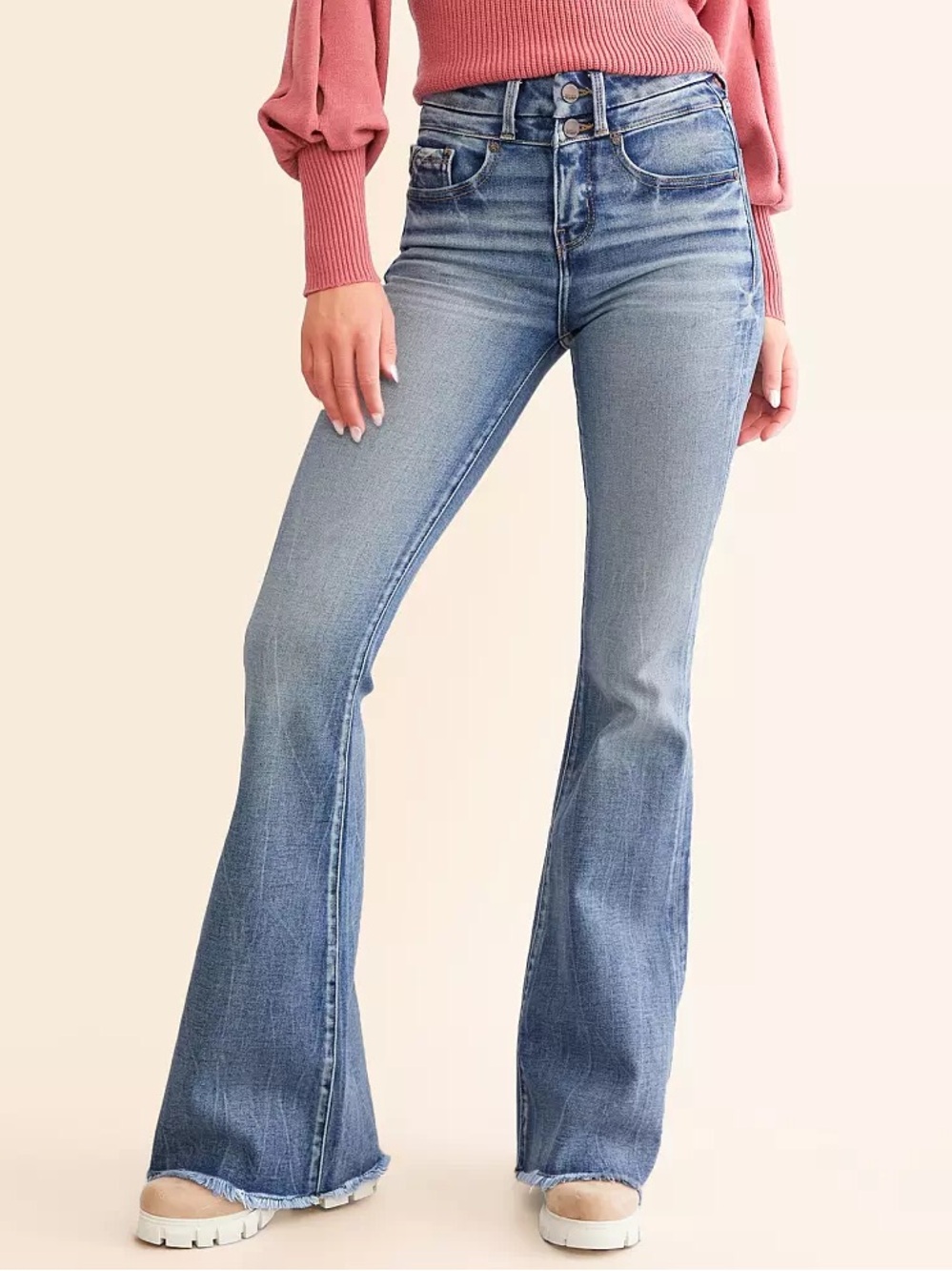 Buckle Black Fit 35 Flare Stretch Jeans in Cusco 4 Double Button Raw Hem